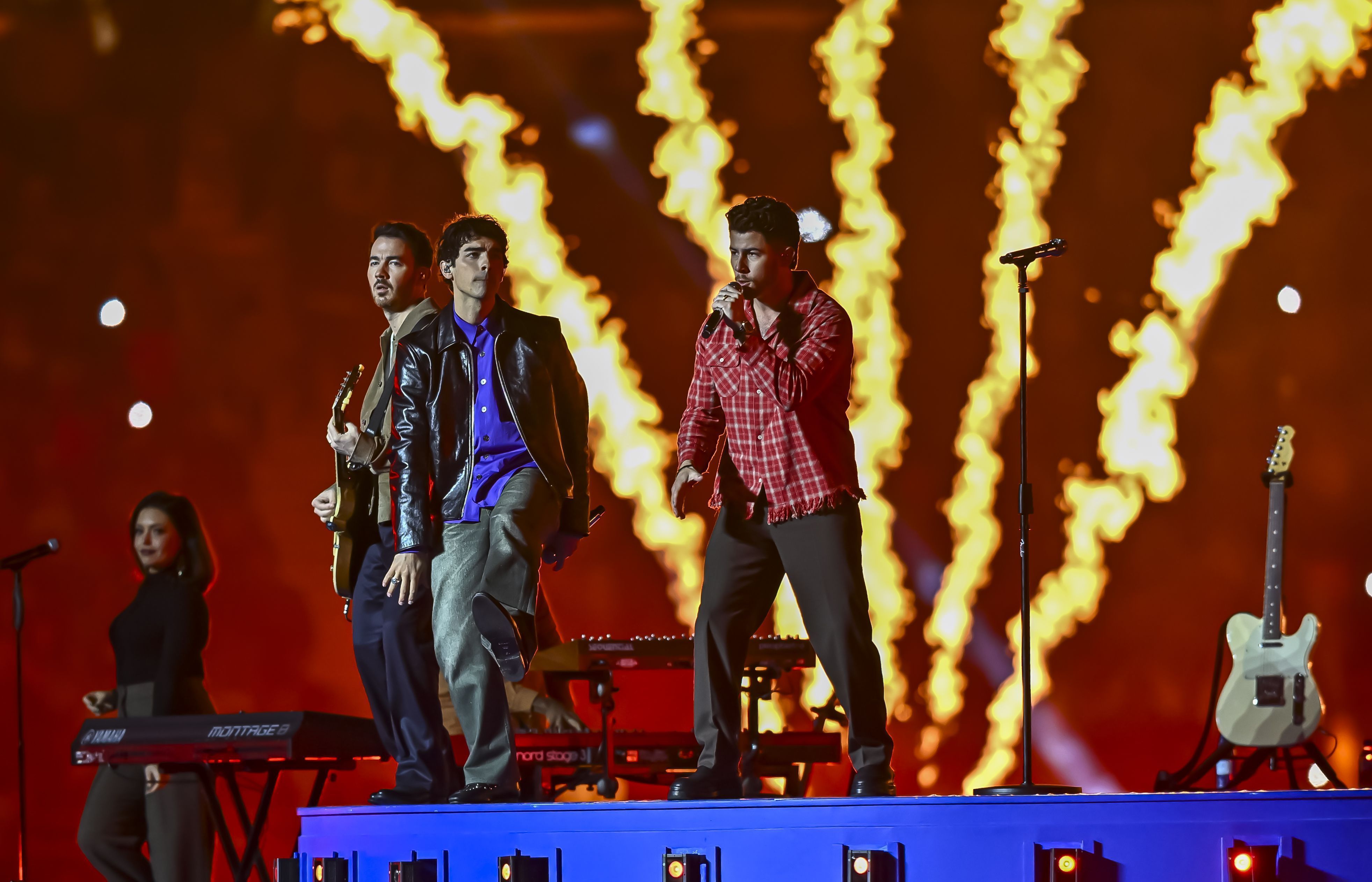 The Jonas Brothers perform during the halftime show at the