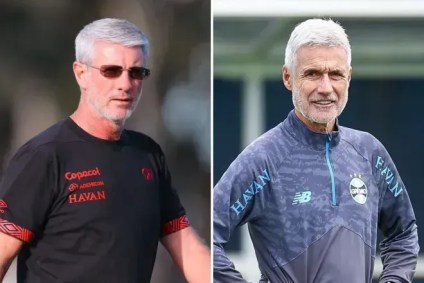 Montagem de fotos com os técnicos Odair Hellmann, do Athletico-PR, e Luís Castro, do Grêmio