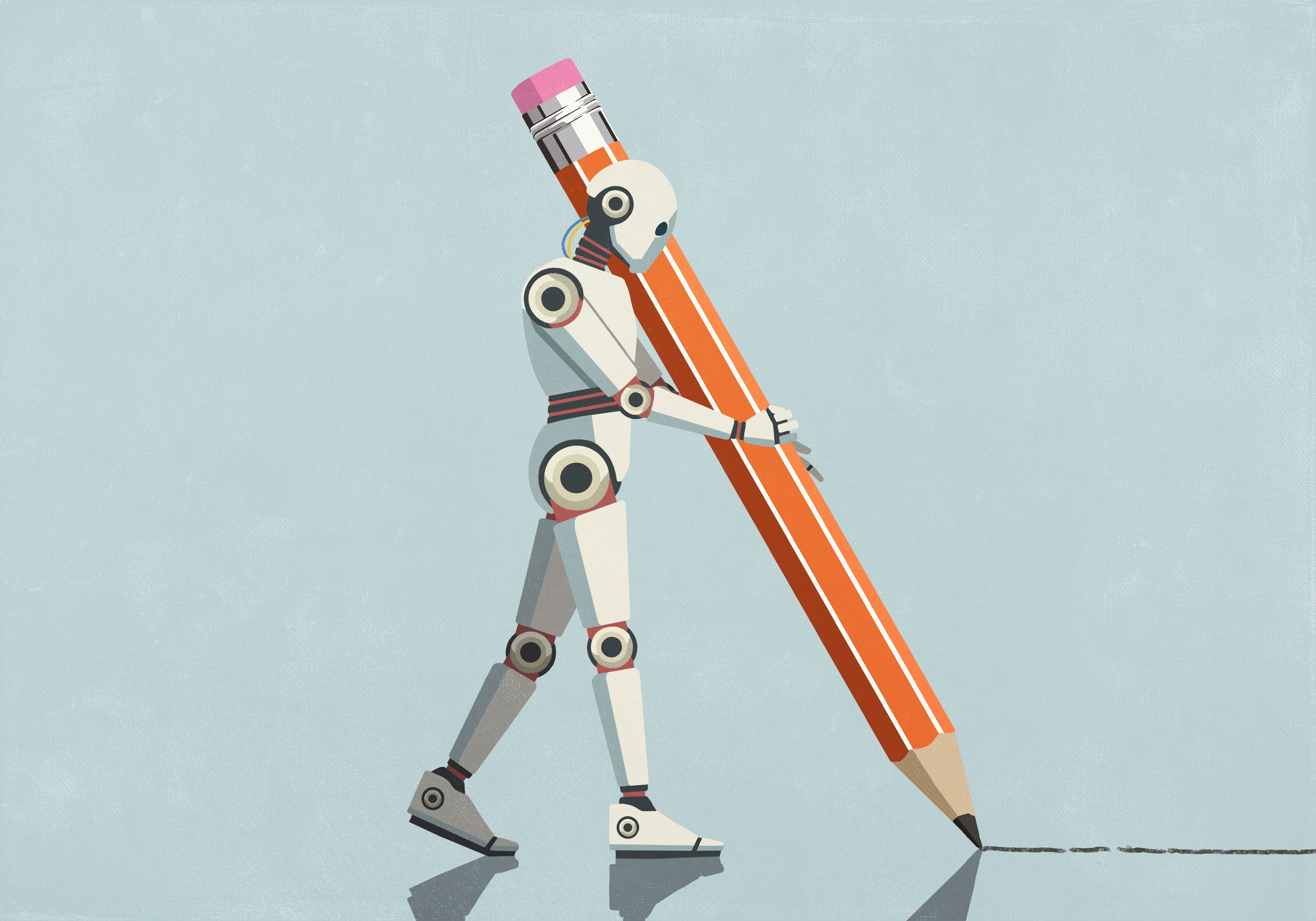 Humanoid robot with large pencil drawing line on blue background