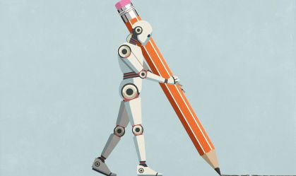 Humanoid robot with large pencil drawing line on blue background