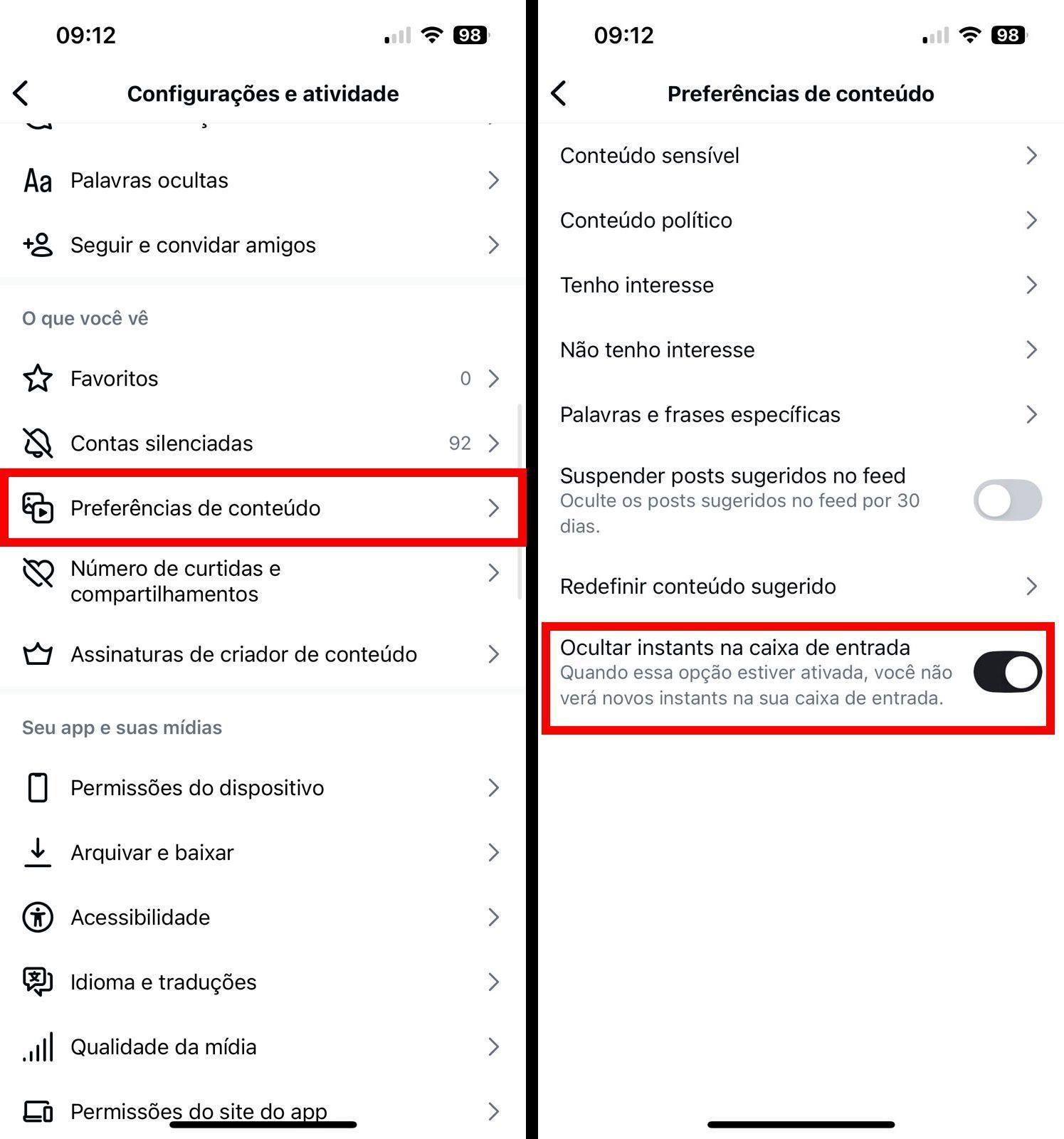 Basta clicar no botão para desativar o recurso Instants. • Créditos: Reprodução/Meta