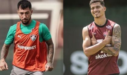 Lucho Acosta, do Fluminense, e Renê, do Vitória, durante treino das equipes