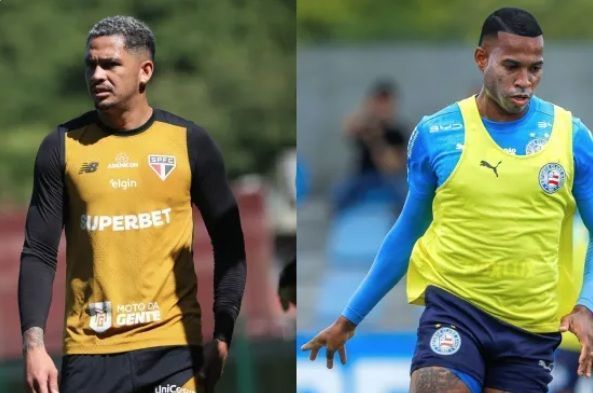 Luciano, do São Paulo, e Jean Lucas, do Bahia, durante treino das equipes
