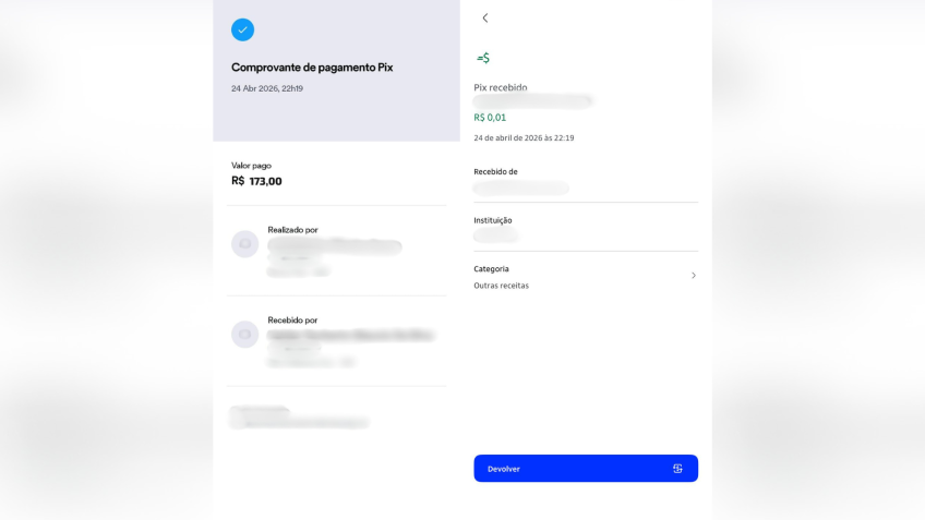 A primeira imagem mostra o comprovante enviado pela cliente. Já o segundo print apresenta o valor que a pizzaria recebeu. • Reprodução/Arquivo pessoal