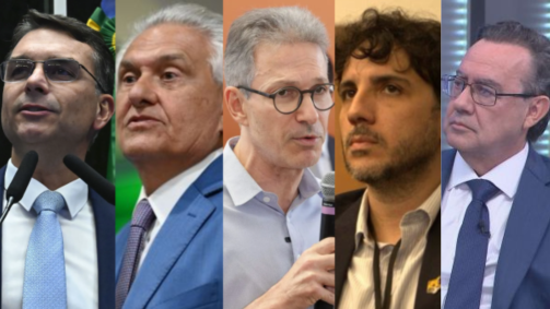 Flávio Bolsonaro (PL), Ronaldo Caiado (PSD), Romeu Zema (Novo), Renan Santos (Missão) e Agusto Cury (Avante)