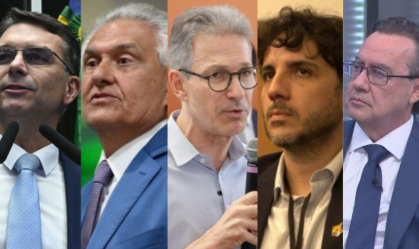 Flávio Bolsonaro (PL), Ronaldo Caiado (PSD), Romeu Zema (Novo), Renan Santos (Missão) e Agusto Cury (Avante)