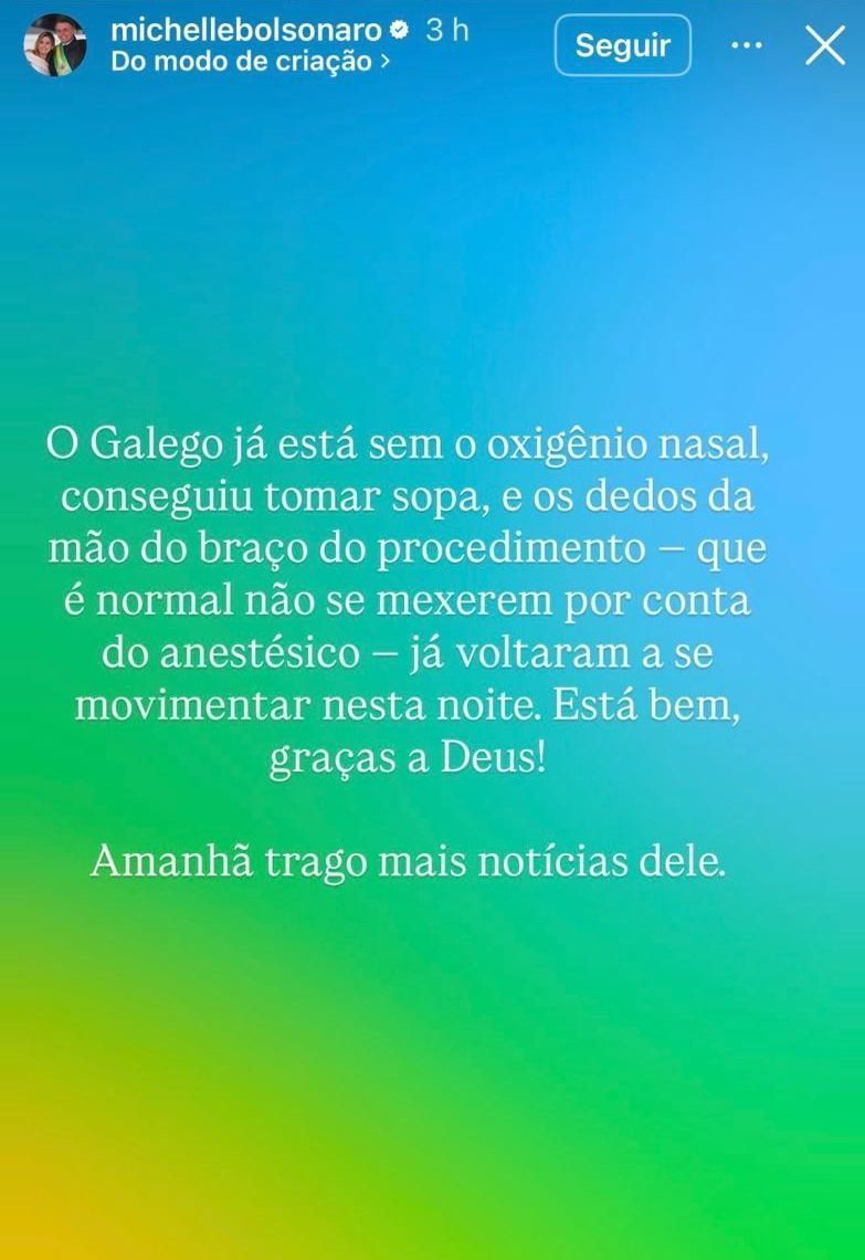Michelle atualiza sobre estado de saúde de Bolsonaro após cirurgia • Reprodução redes sociais