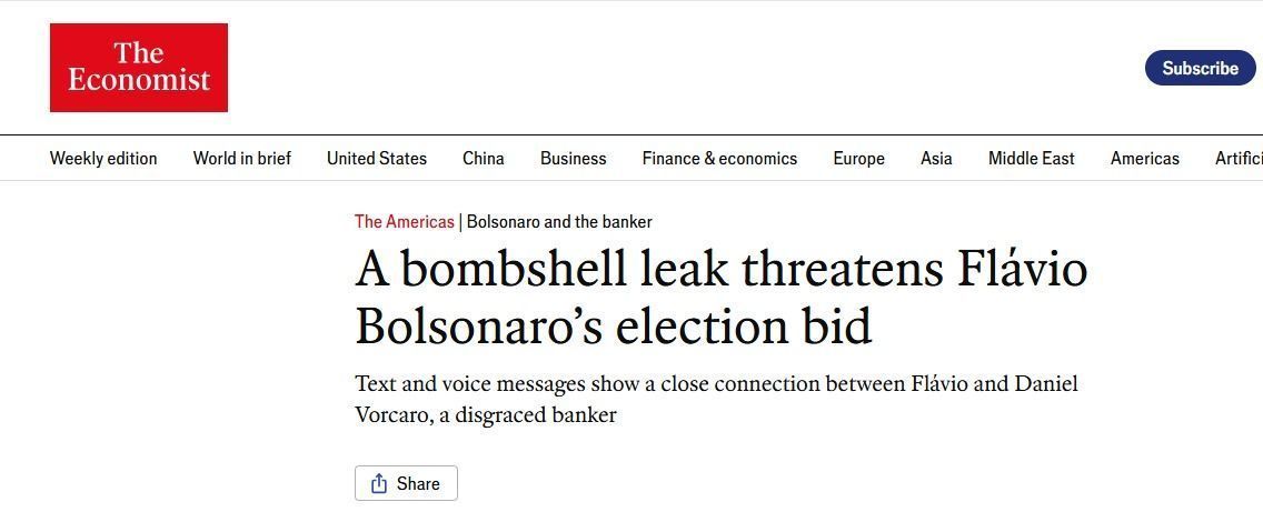 The Economist: "Um vazamento explosivo ameaça a candidatura de Flávio Bolsonaro" • Reprodução