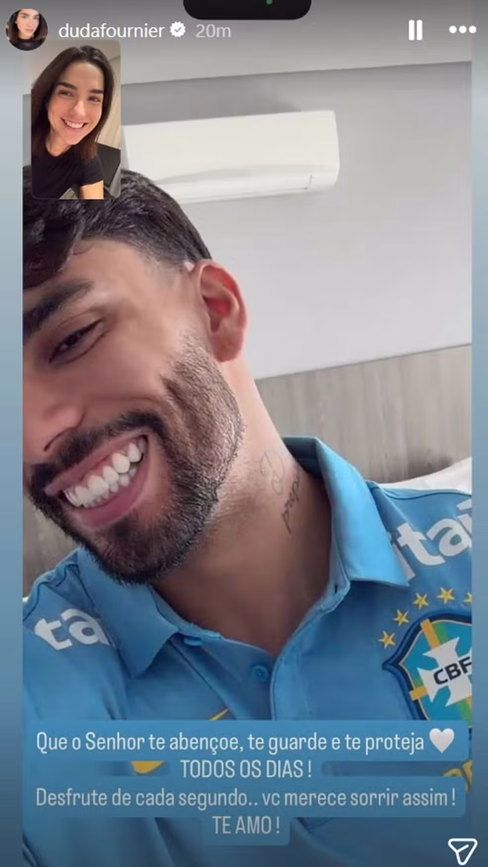 Duda Fournier deseja sorte a Lucas Paquetá em postagem nas redes sociais • Reprodução Instagram/Duda Fournier