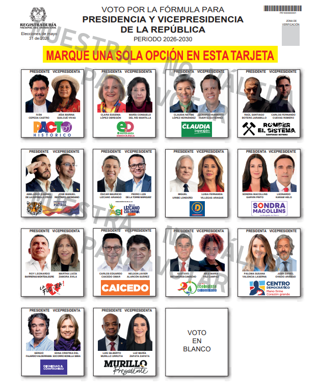 Cédula do primeiro turno da eleição presidencial da Colômbia de 2026 • Divulgação/@Registraduria