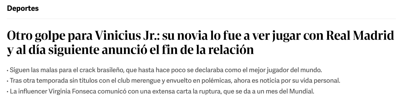 Jornal Clarín repercute fim de relacionamento de Virginia e Vini Jr. • Reprodução/Clarín