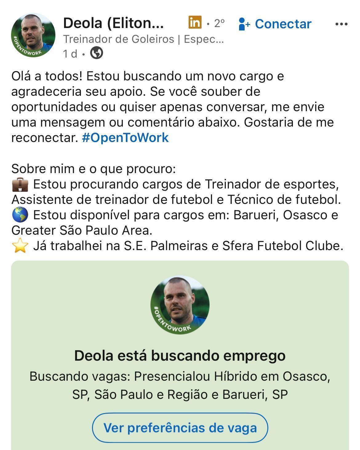 Deola busca emprego no Linkedin • Reprodução/Linkedin
