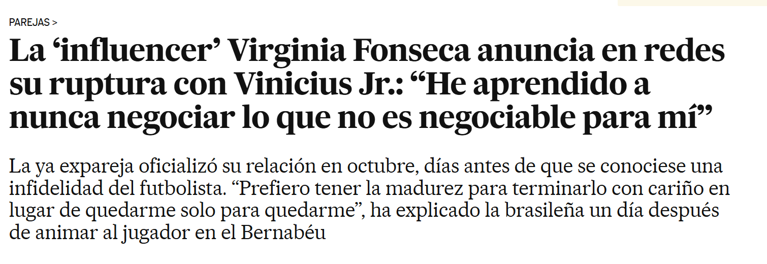 Jornal El País repercute fim de relacionamento de Virginia e Vini Jr. • Reprodução/El País