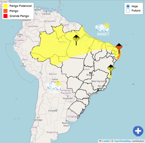 Mapa de avisos meteorológicos do Inmet referente ao dia 05/05/2026 • Reprodução/Instituto Nacional de Metereologia