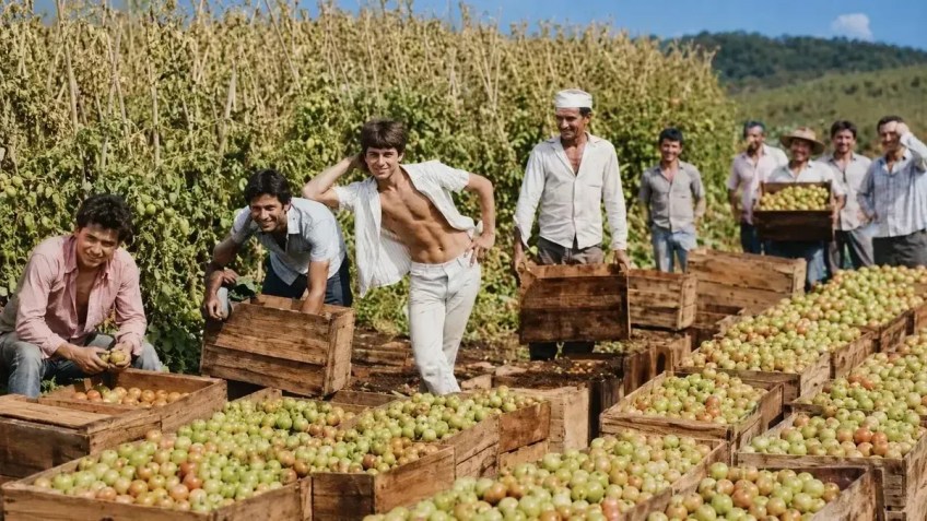 Foto mostra Leandro e Leonardo em fazenda de tomate com o pai, Avelino • Acervo Pessoal