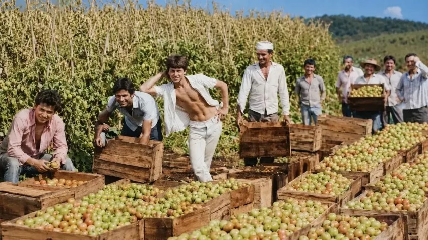 Foto mostra Leandro e Leonardo em fazenda de tomate com o pai, Avelino • Acervo Pessoal