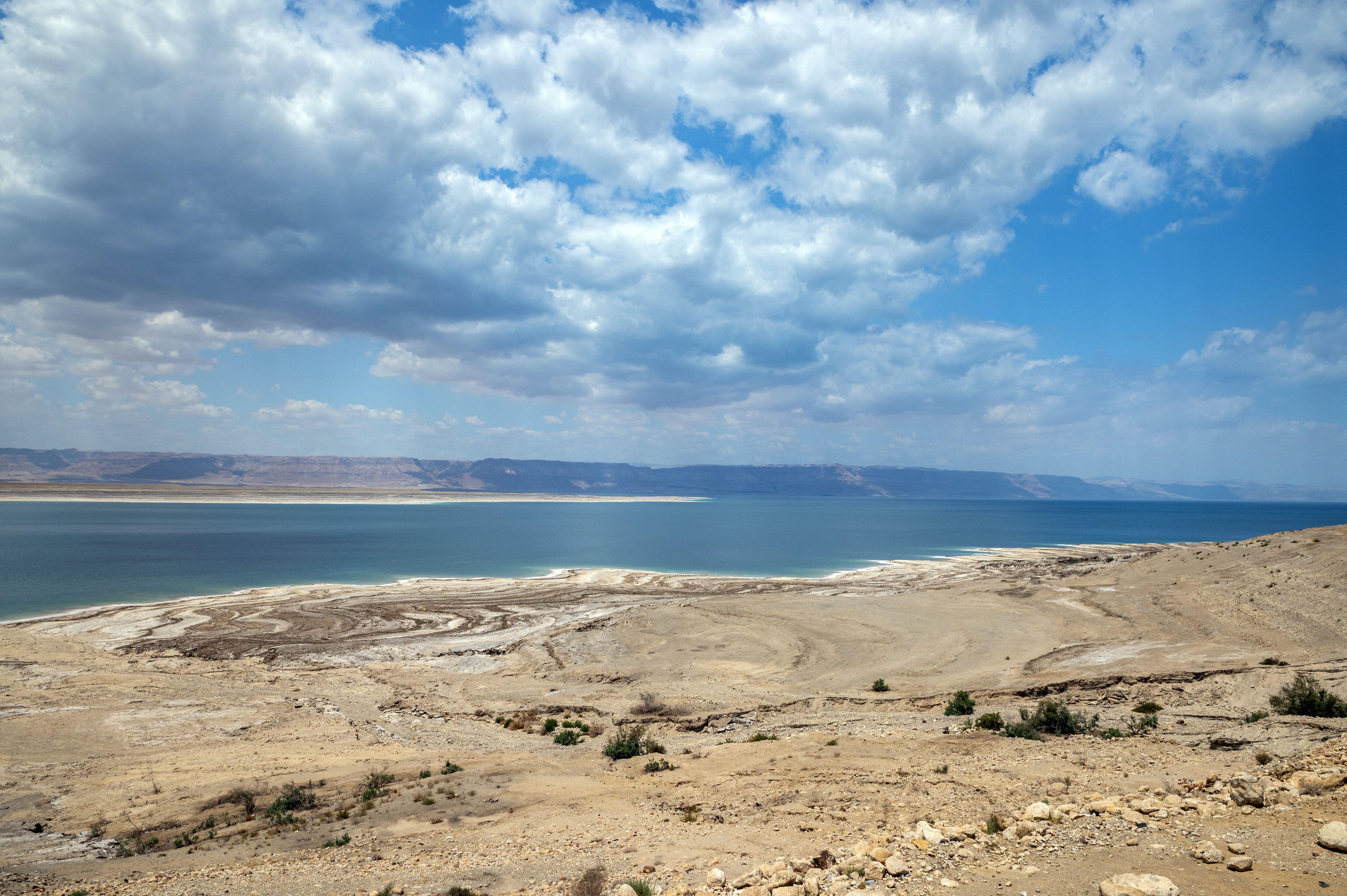 The Dead Sea, a heavily salted a landlocked lake bordered by