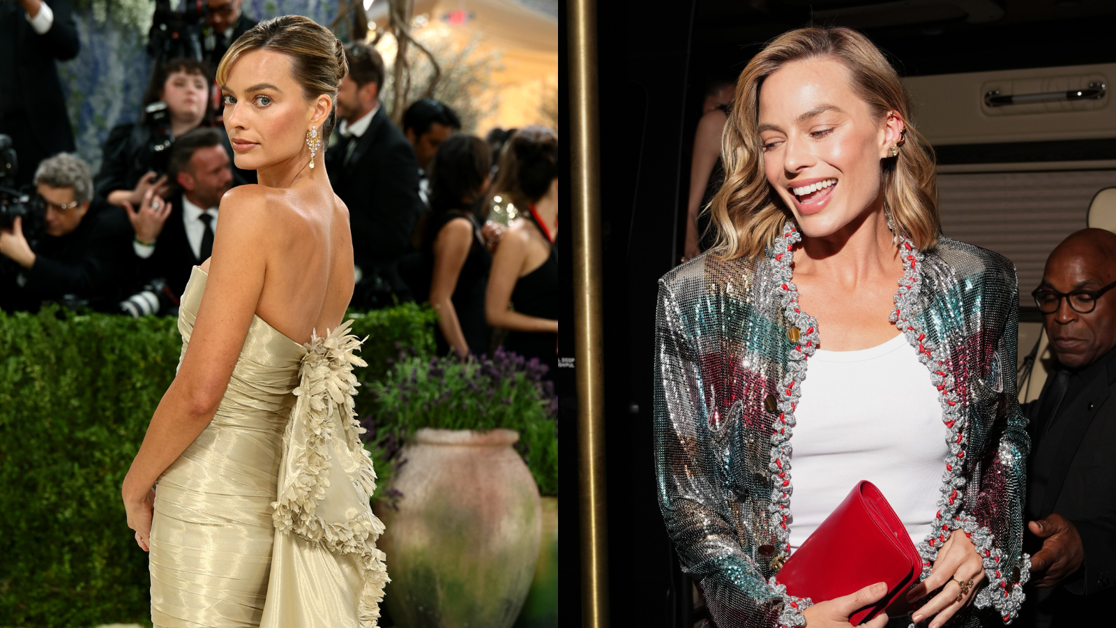 Margot Robbie com look durante e após o Met Gala 2026