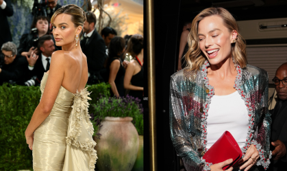 Margot Robbie com look durante e após o Met Gala 2026