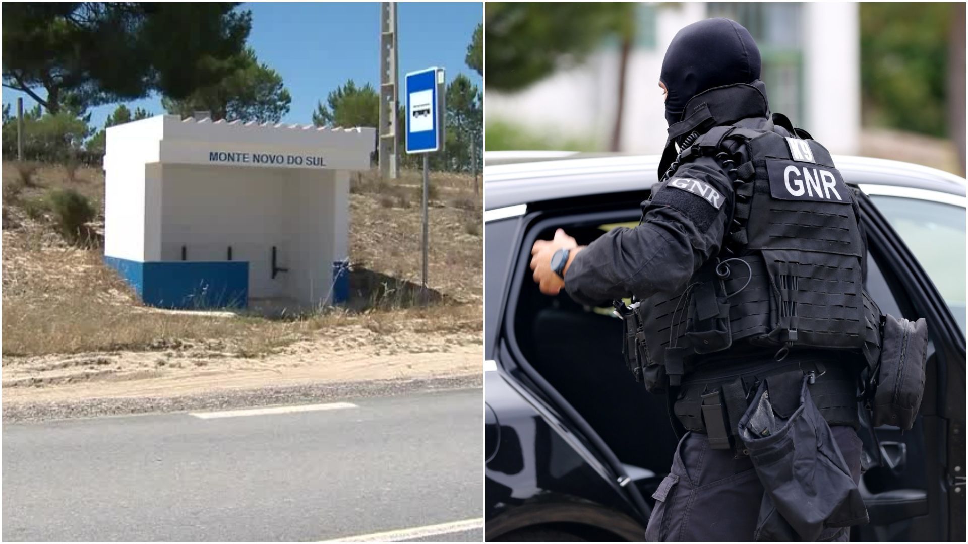 Montagem mostra local onde crianças foram encontradas sozinhas em estrada em Alcacer do Sal e agente da Guarda Nacional Republicana de Portugal