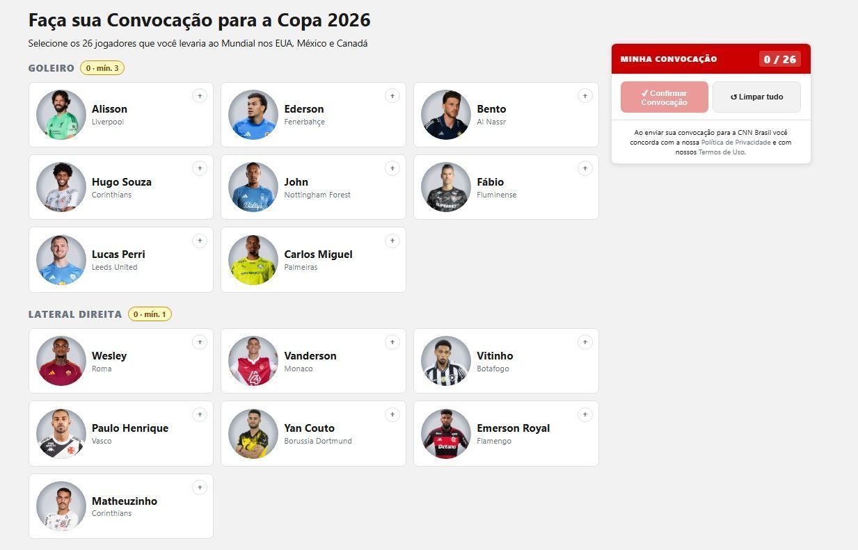 Faça sua Convocação para a Copa 2026 • Reprodução/CNN
