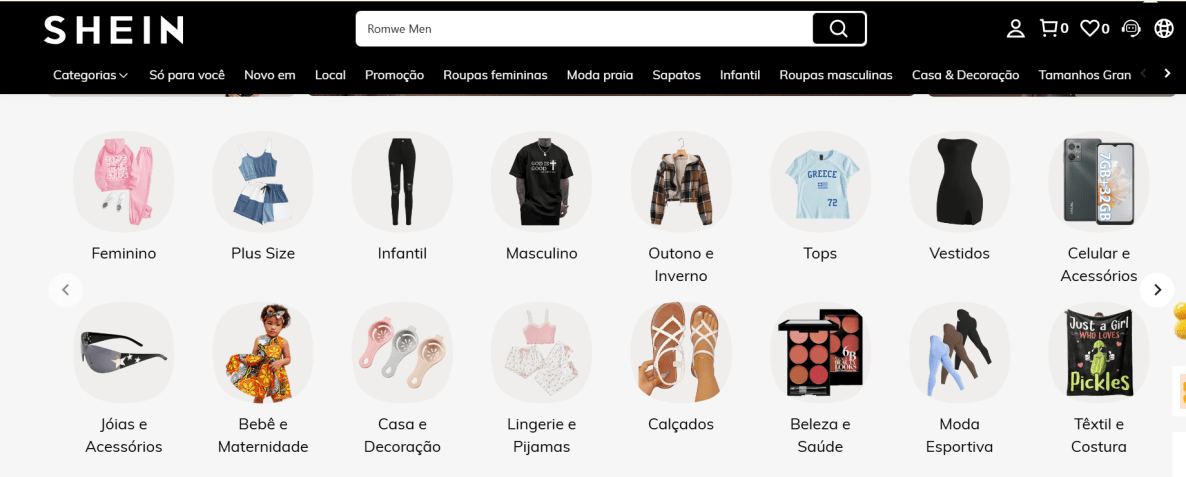 Home do site oficial da Shein • Reprodução/Shein