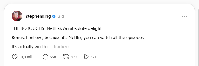 Post de Stephen King sobre nova série da Netflix • Reprodução/Threads