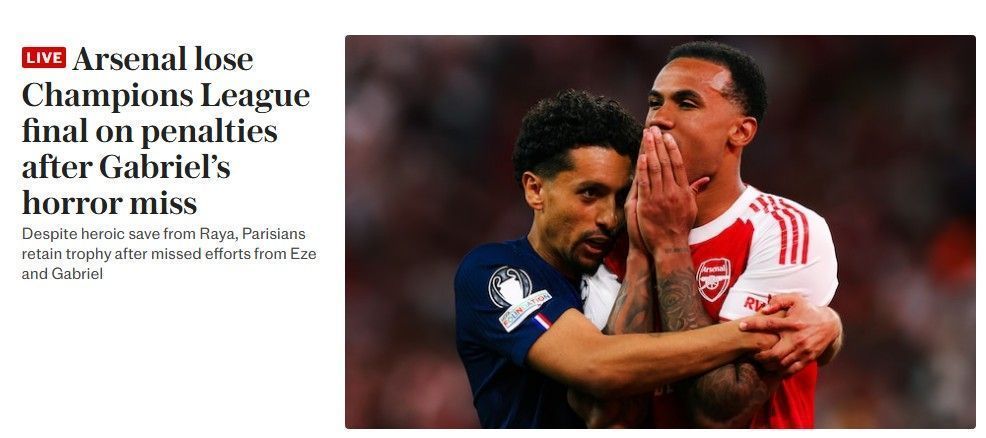 Manchete do The Telegraph após derrota do Arsenal para o PSG na final da Champions • Reprodução/The Telegraph