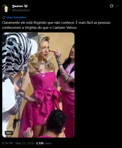 Internauta reage ao vídeo de Caetano Veloso dizendo não conhecer Virginia • Reprodução/X