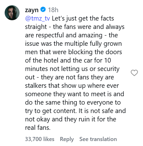 Zayn Malik se pronuncia após polêmica envolvendo fãs em saída de hotel • Instagram/Zayn Malik