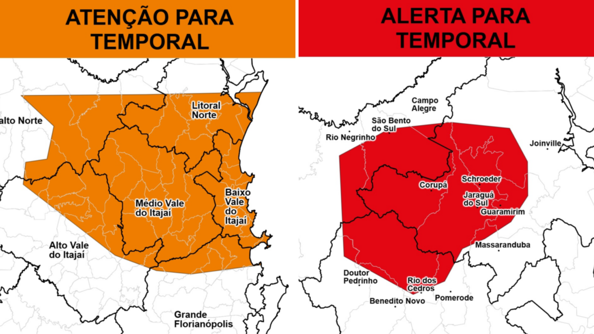 Alertas de chuvas e temporais ocorrem desde as primeiras horas desta terça. • Divulgação/Defesa Civil de Santa Catarina