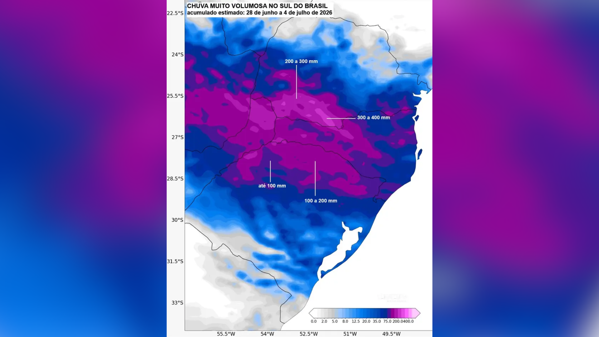 Áreas do mapa mais arroxeadas representam alto volume de chuvas. • Divulgação/Climatempo
