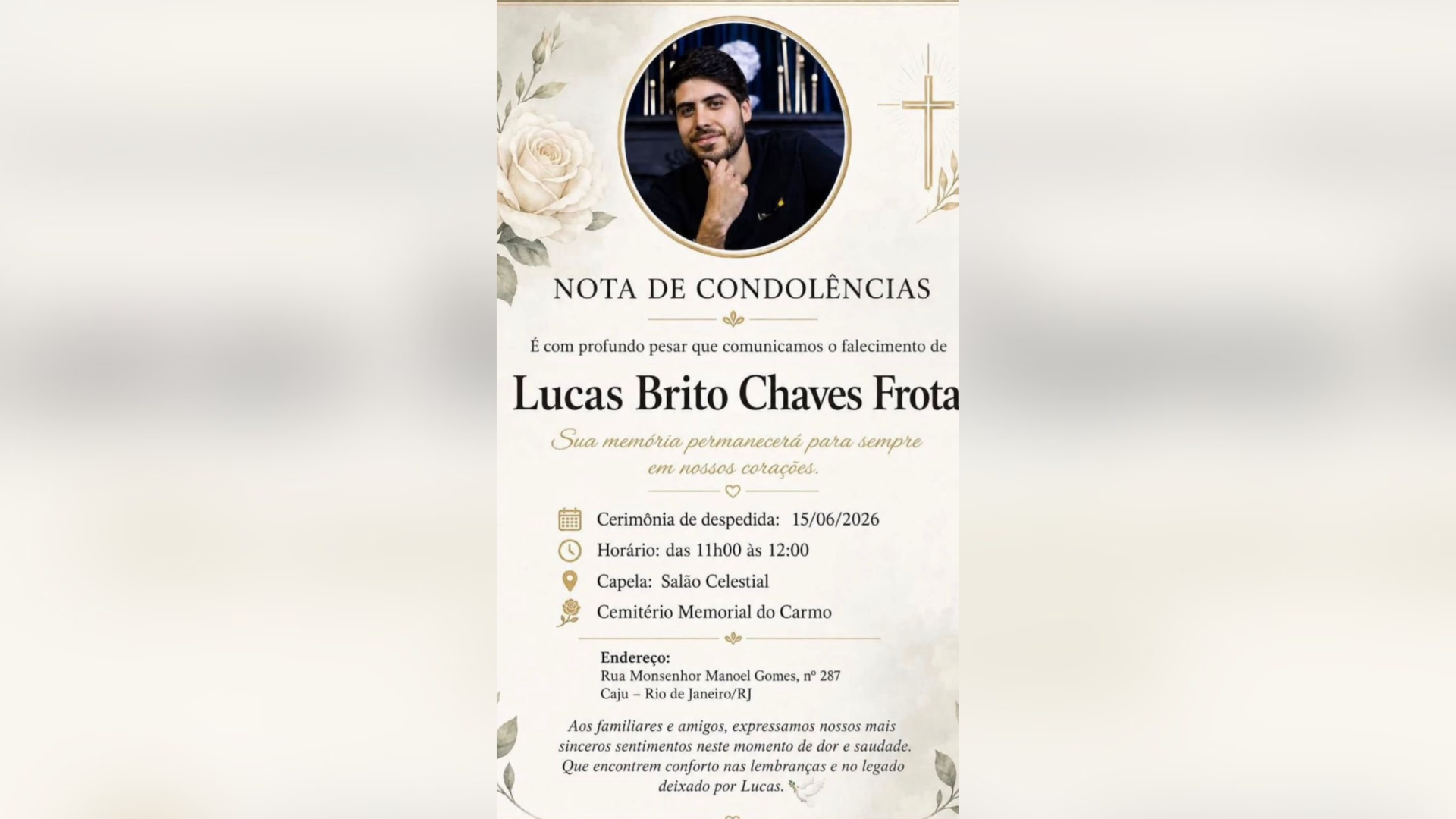 Velório ocorre na manhã desta segunda (15) na região central do Rio. • Reprodução/Redes Sociais