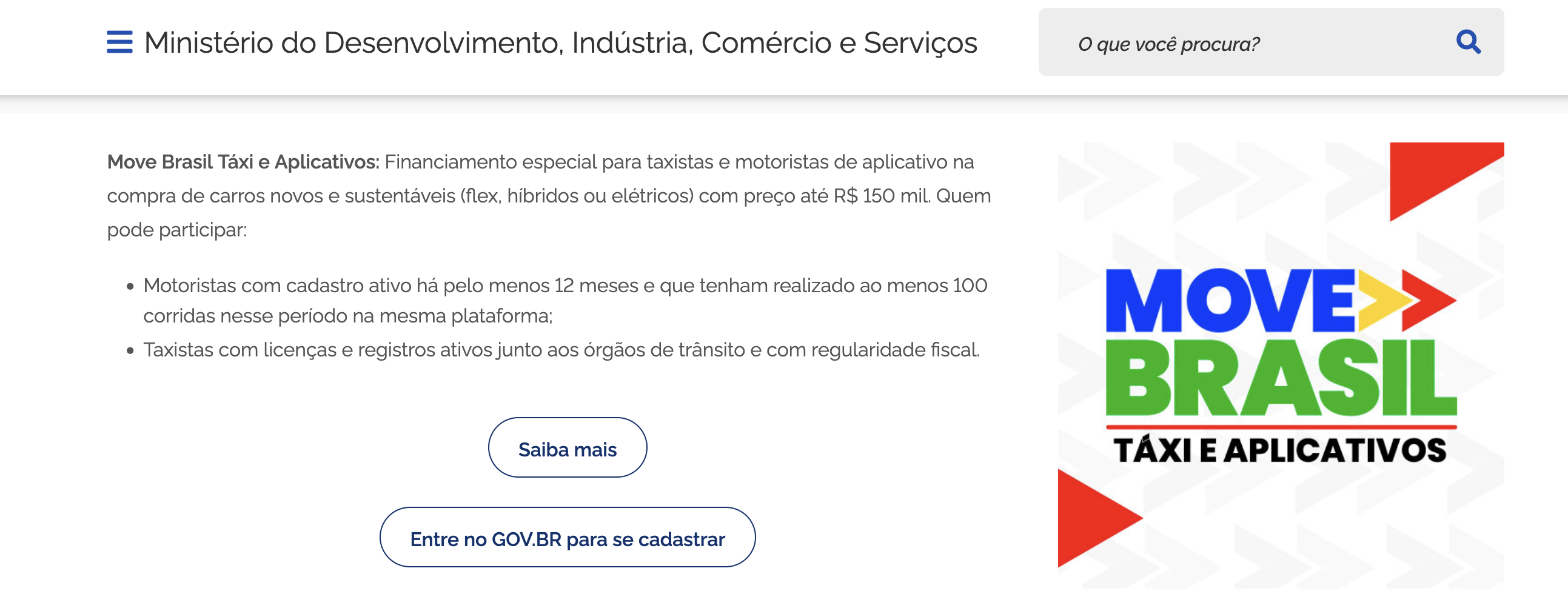 Cadastro no programa Move Brasil Táxi e Aplicativos • Reprodução