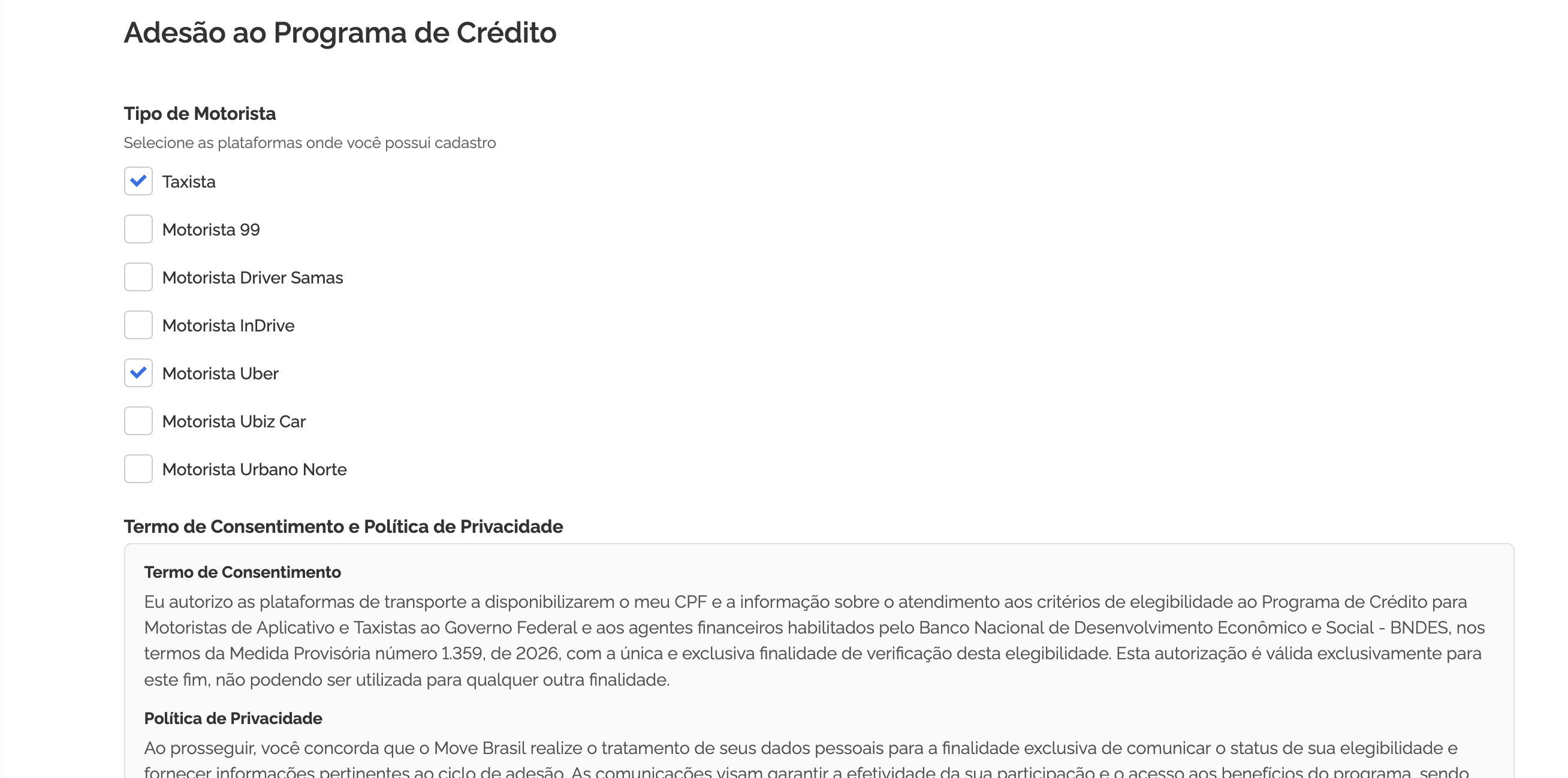 Cadastro no programa Move Brasil Táxi e Aplicativos • Divulgação