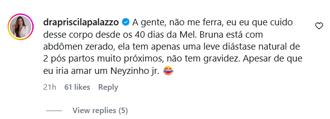 Médica pessoal de Bruna Biancardi comenta possível terceira gravidez da influenciadora • Instagram/Priscila Palazzo