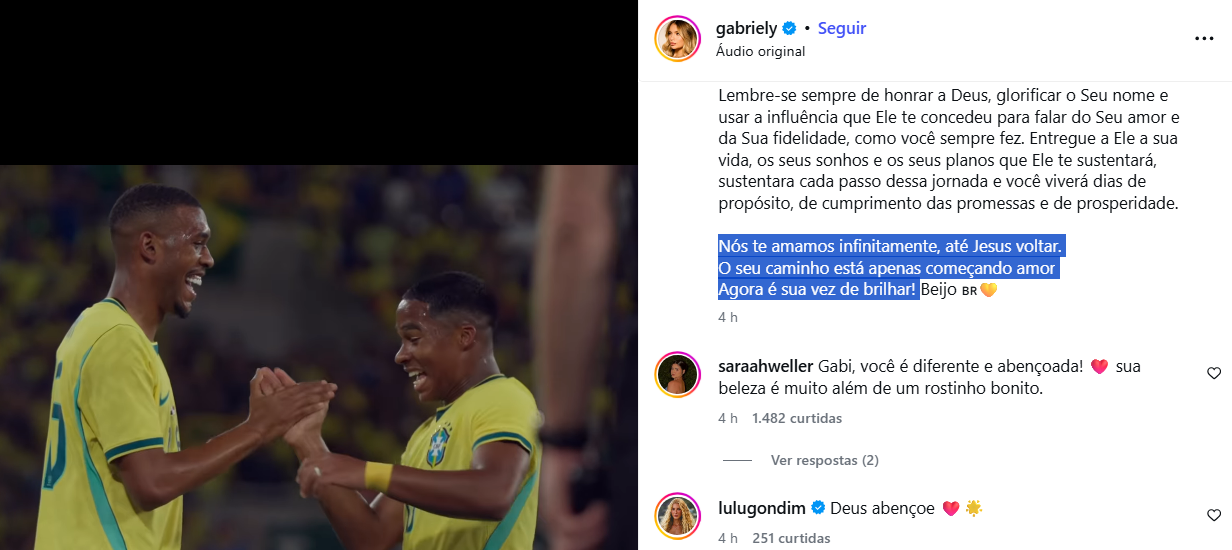 Grávida, esposa de Endrick publica carta aberta para jogador • Reprodução Instagram/Gabriely Miranda