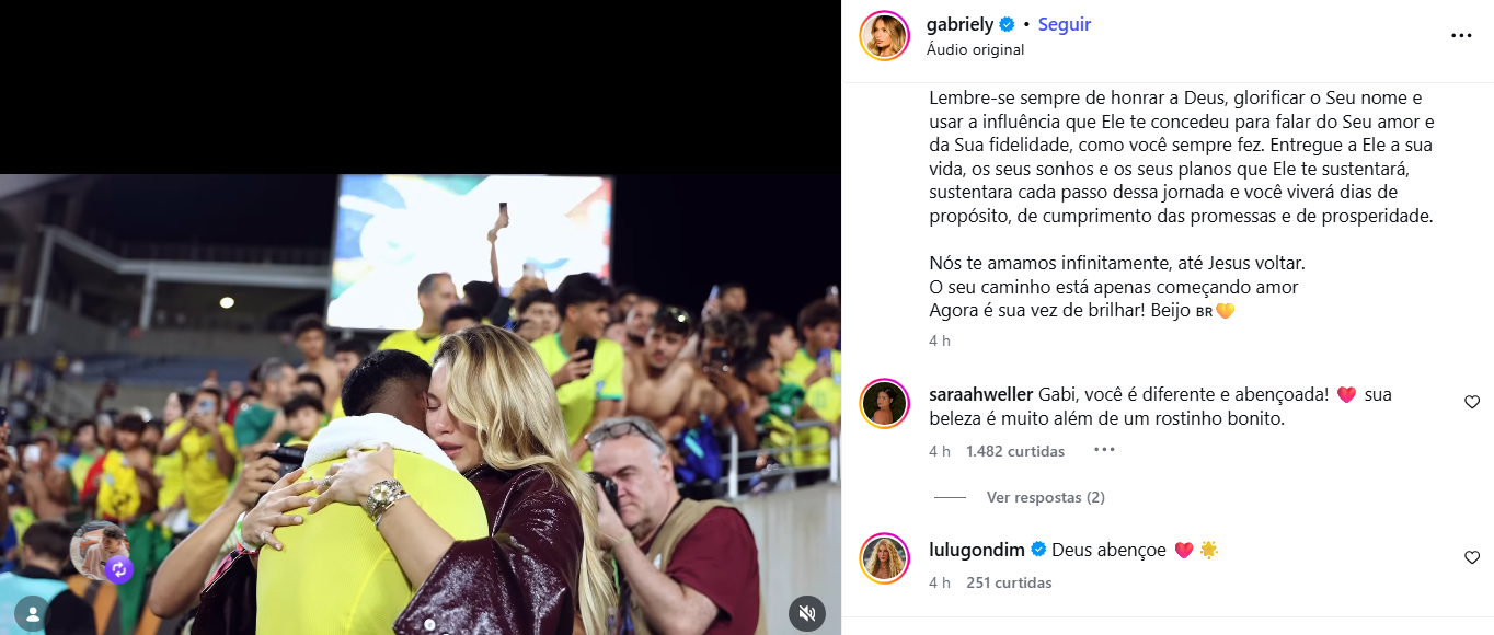 Grávida, esposa de Endrick publica carta aberta para jogador • Reprodução Instagram/Gabriely Miranda