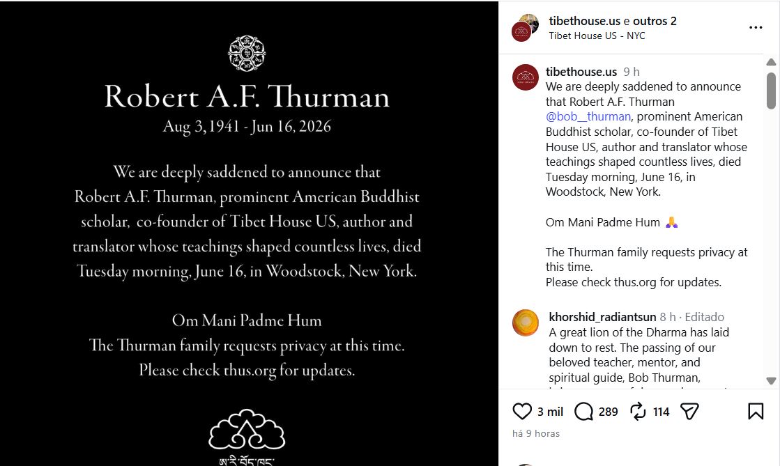 A organização Tibet House US lamentou a morte do budista • Reprodução/Instagram