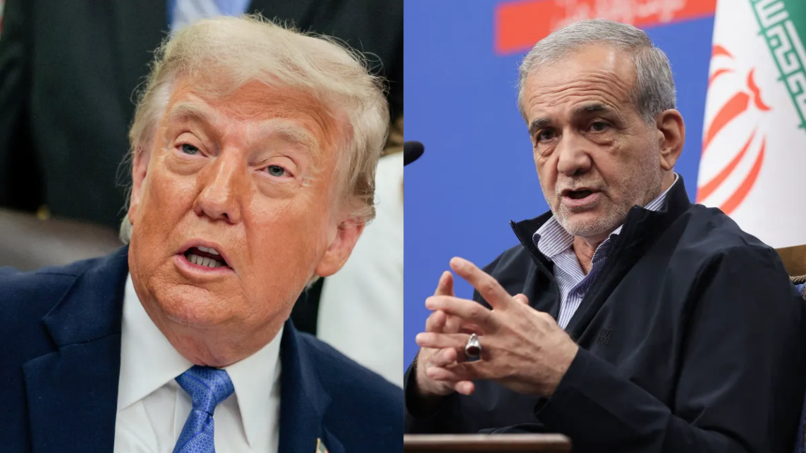 O presidente dos EUA, Donald Trump, e o presidente do Irã, Masoud Pezeshkian