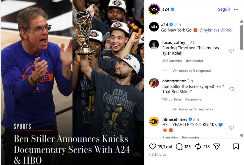 A24 e HBO anunciam parceria com Ben Stiller em documentário sobre vitória dos Knicks
