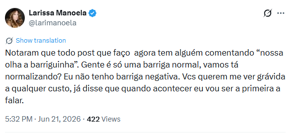 Larissa Manoela se revoltou com comentários nas redes sociais • X/Larissa Manoela