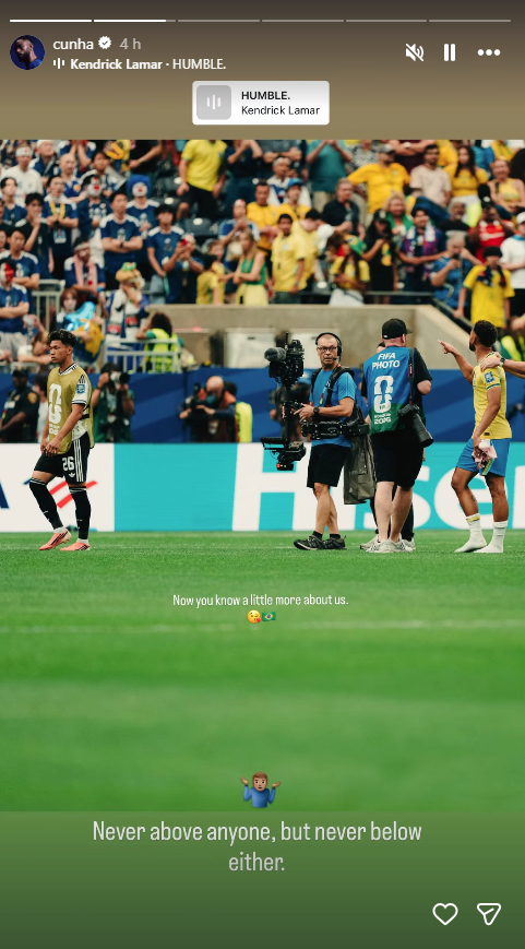 Matheus Cunha pelo Instagram após a partida contra o Japão