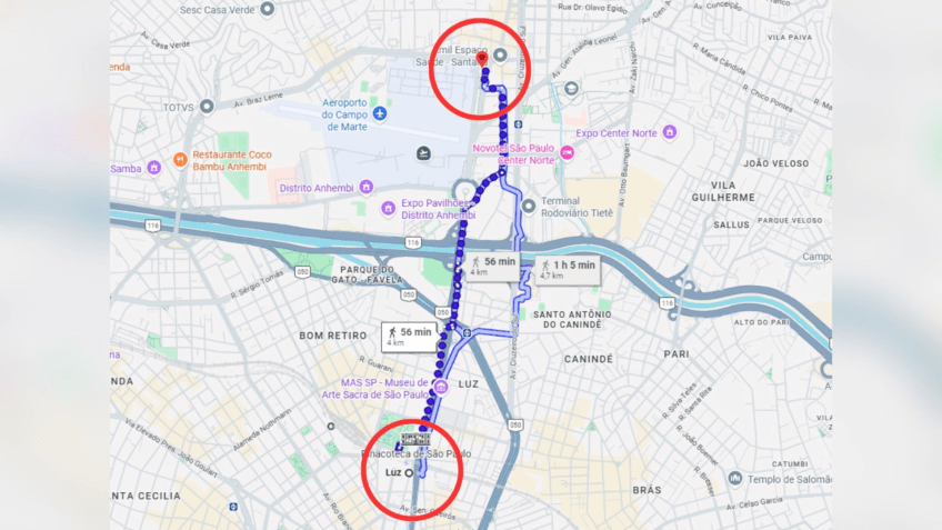 Trajeto da Marcha para Jesus em São Paulo • Reprodução/Google Maps