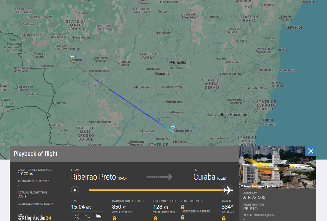 Imagem mostra trajeto de um dos ATR de Ribeirão Preto (SP) até Cuiabá (MT) • Reprodução/FlightRadar 24