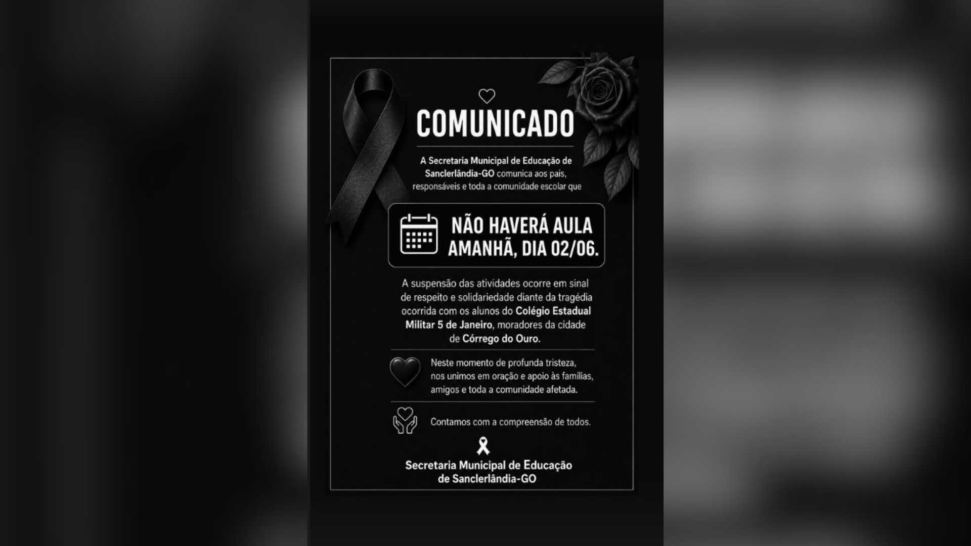 Nota publicada pela administração municipal nas redes sociais. • Redes sociais/Prefeitura de Sanclerlândia