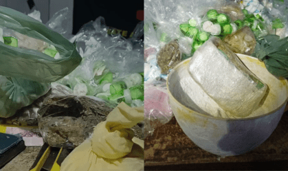 No local, foram apreendidas grandes porções de maconha, cocaína e crack