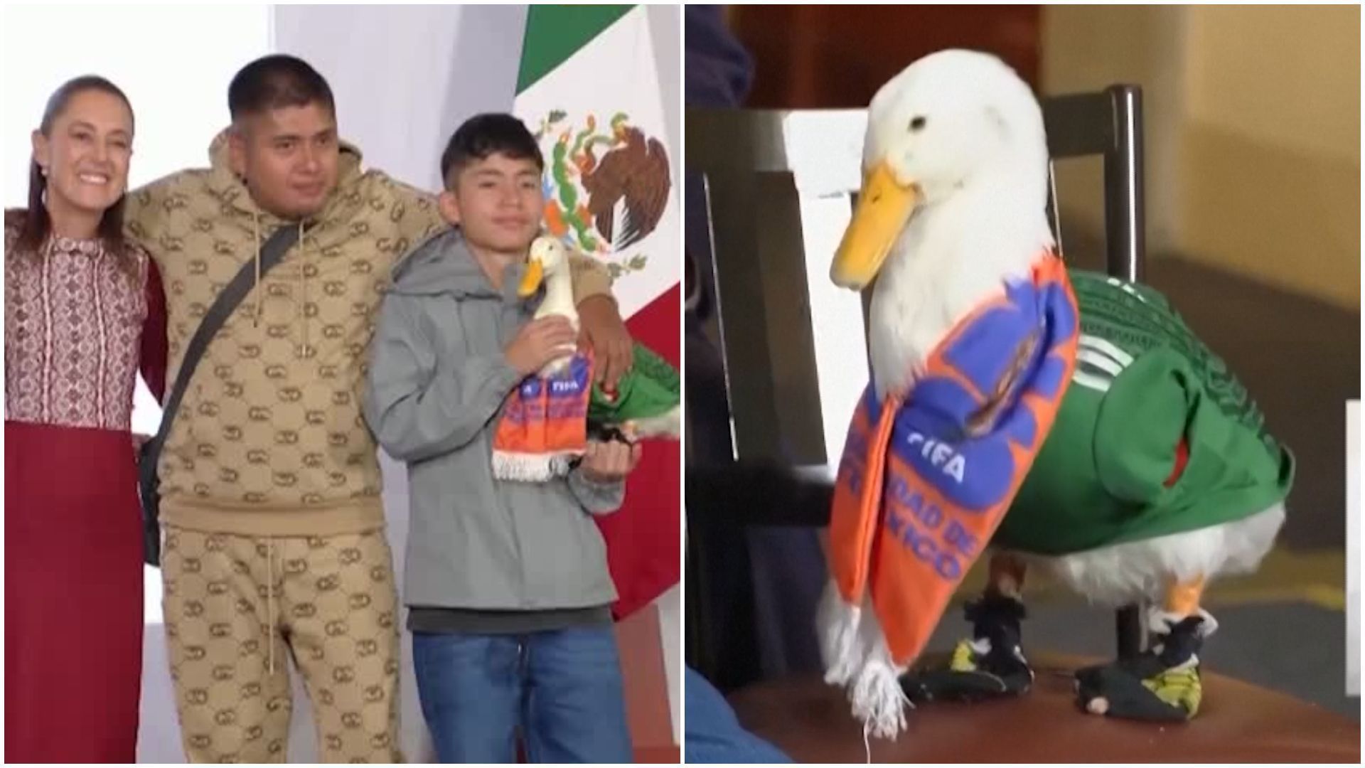 Símbolo da Copa do Mundo, Pato Merlin é recebido por Claudia Sheinbaum, presidente do México