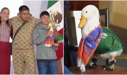 Símbolo da Copa do Mundo, Pato Merlin é recebido por Claudia Sheinbaum, presidente do México