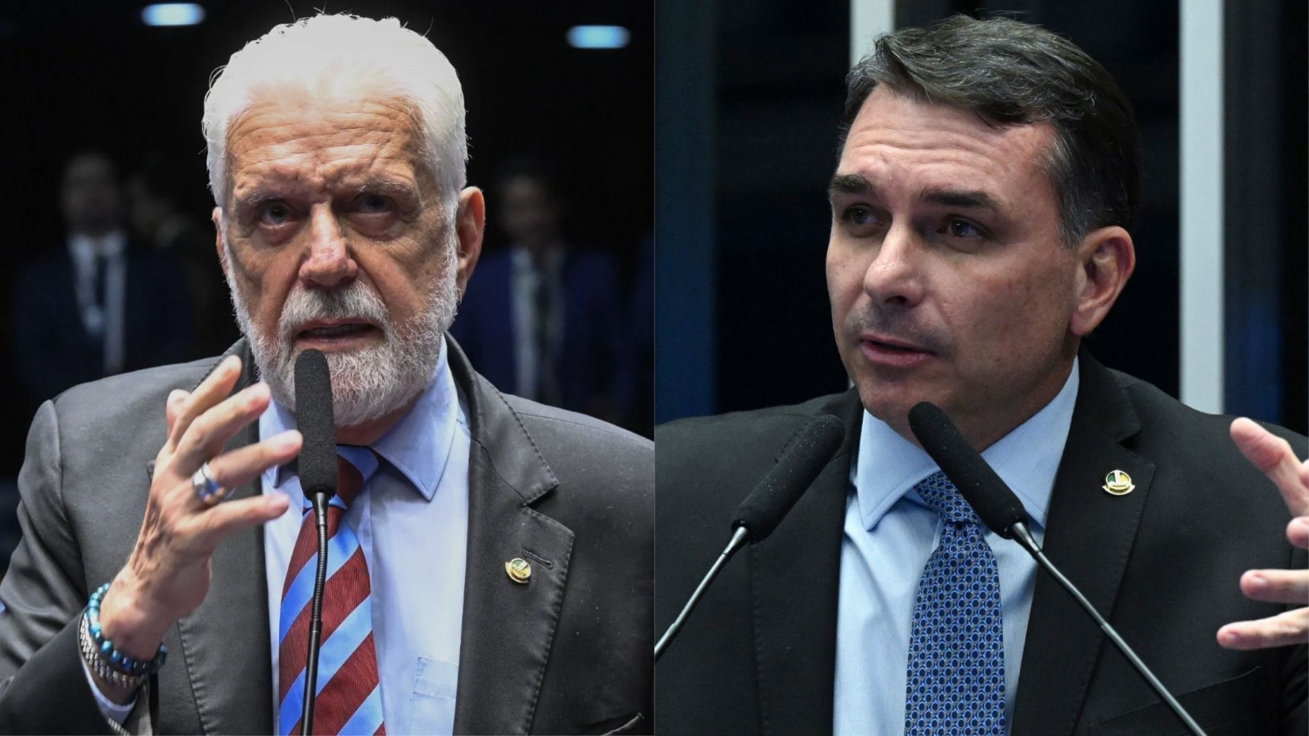 Os senadores Jaques Wagner (PT-BA) e Flávio Bolsonaro (PL-RJ)